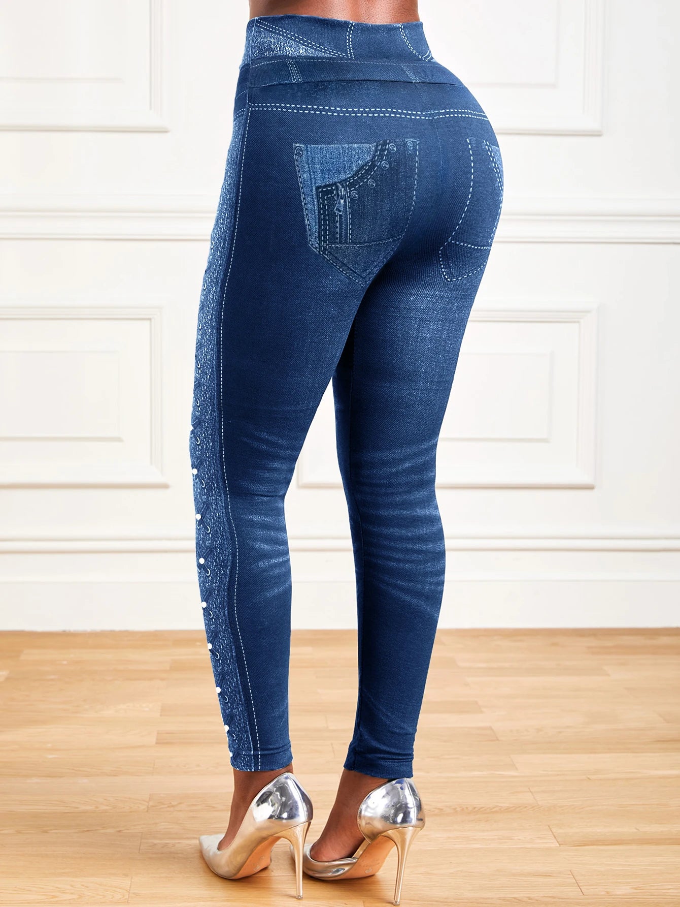 High Waisted Denim Print Tummy Control Leggings