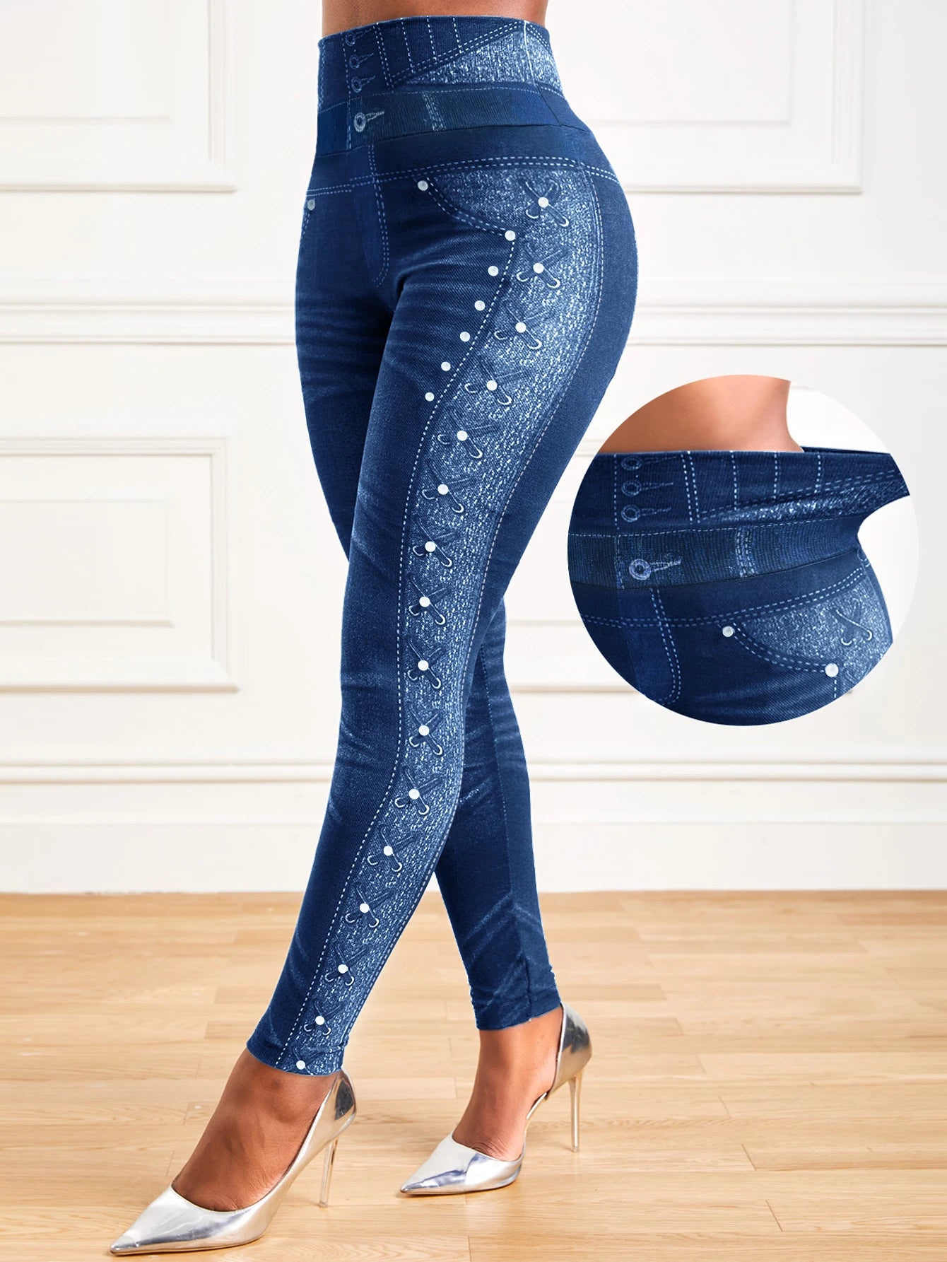 High Waisted Denim Print Tummy Control Leggings