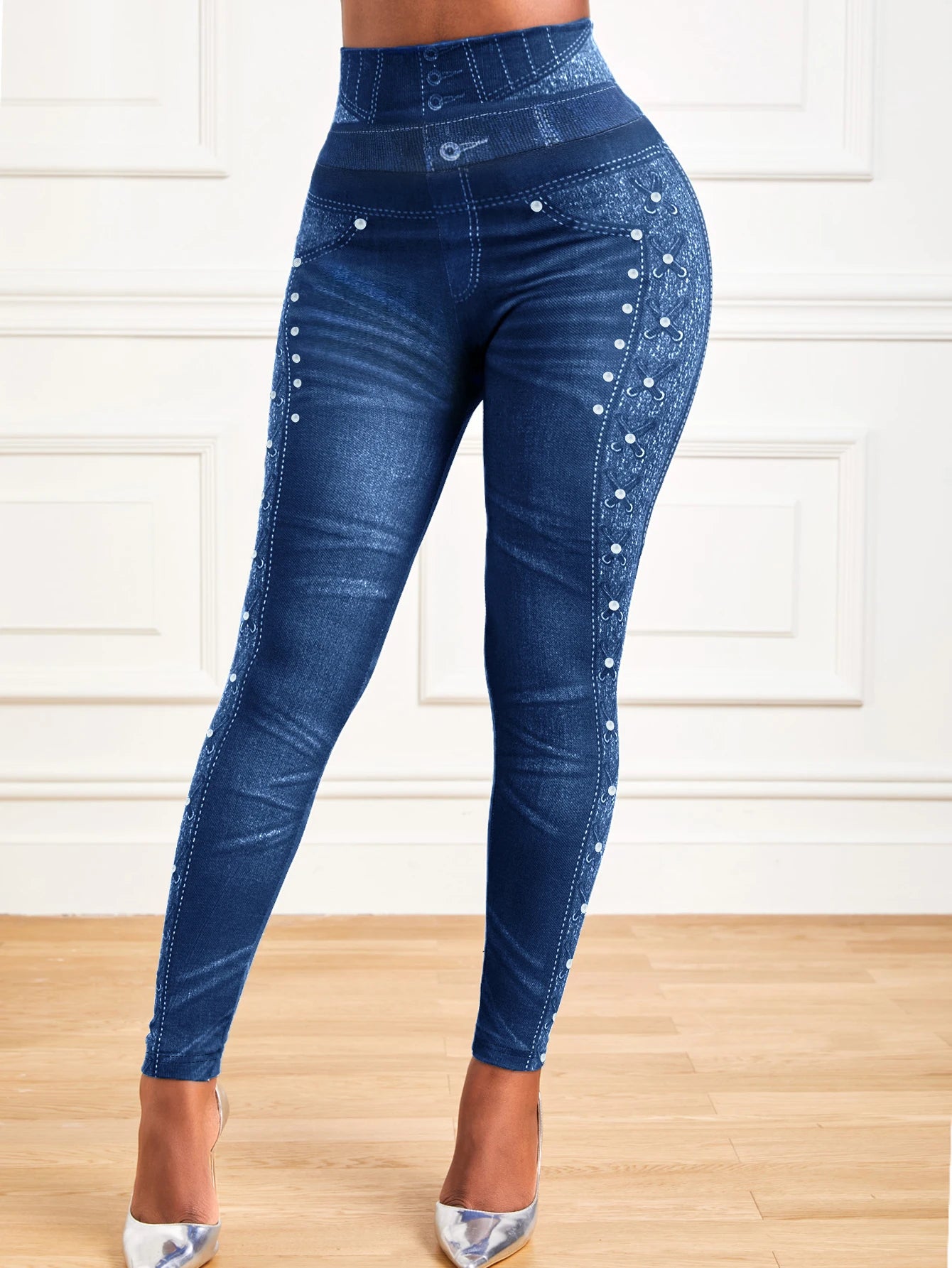 High Waisted Denim Print Tummy Control Leggings